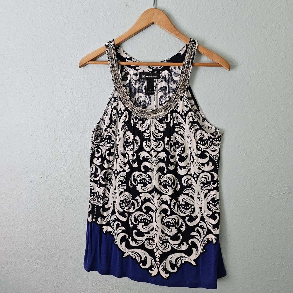 INC International Concepts Black and White Top accented with Silver Bugle Beads